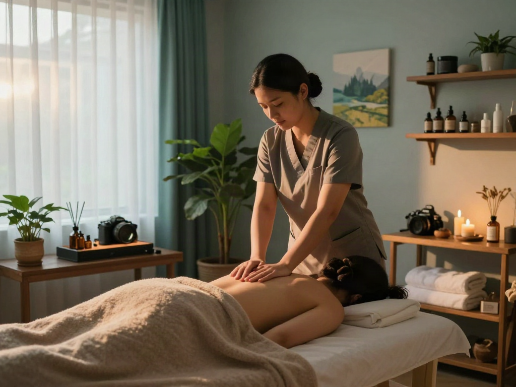 Relaxing 성남출장안마 scene with massage therapist and calming spa environment.
