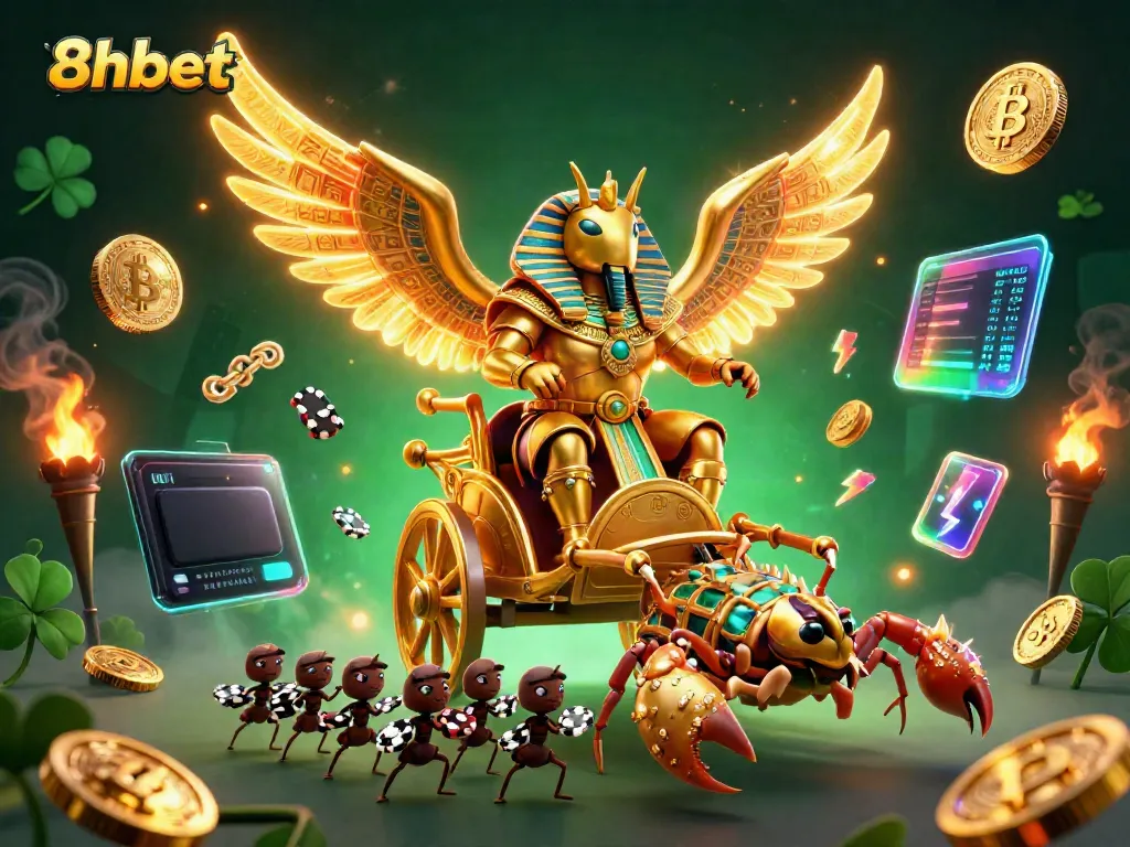 Experience thrilling 8xbet gaming adventures with a stunning golden scarab beetle chariot scene fueled by crypto elements.