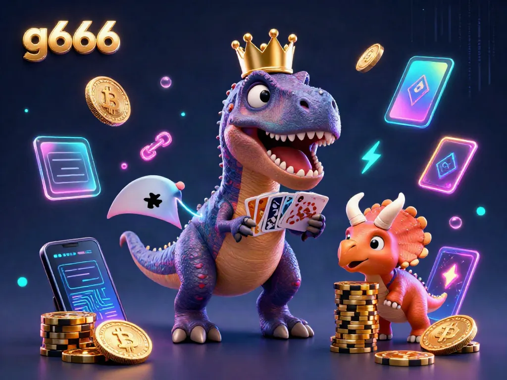 Experience thrilling gaming with g666 featuring a T-Rex card dealer surrounded by crypto elements.