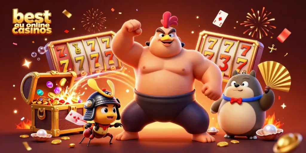 Experience excitement at the best au online casinos with animated characters celebrating and gameplay elements.