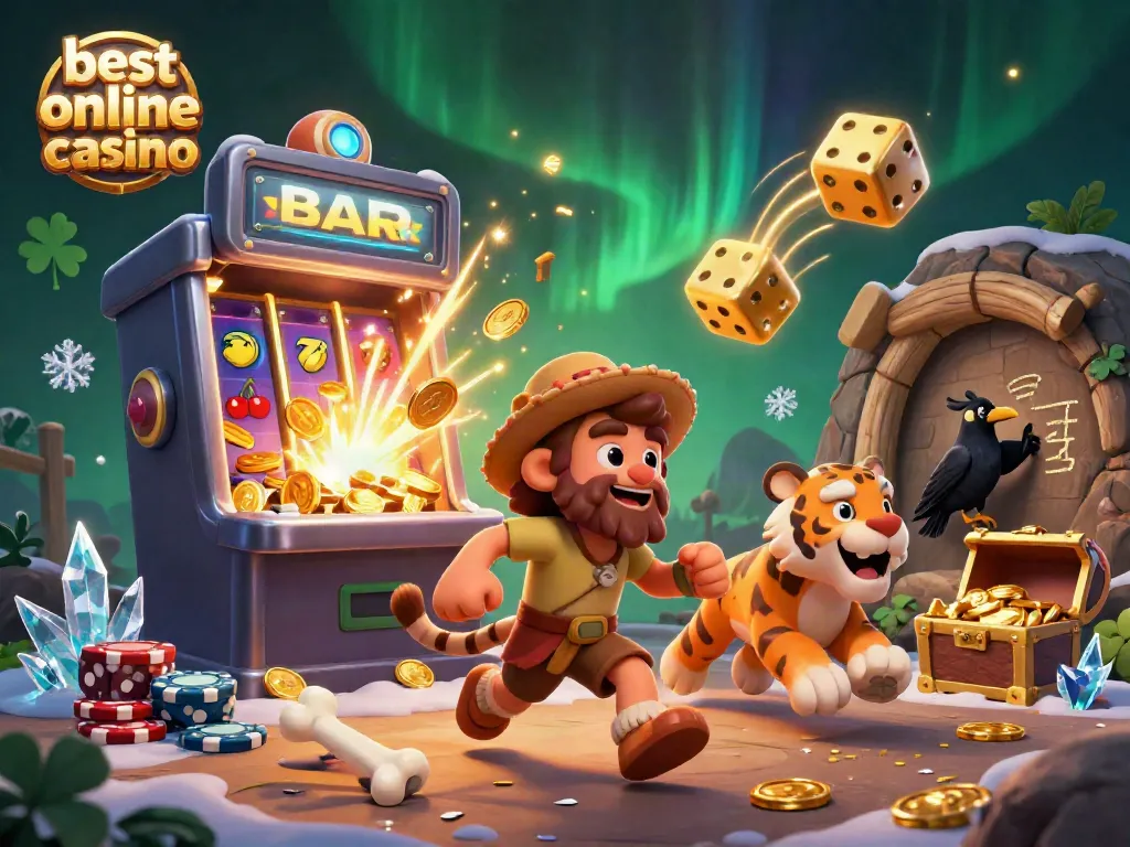 Experience the best online casino thrills with a 3D illustration of a caveman duo and a sabertooth tiger.