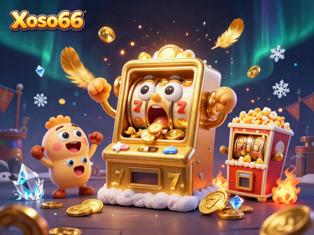 Xoso66 slot machine celebrates a jackpot with coins pouring out, amidst a vibrant casino scene.
