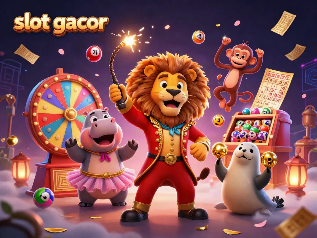 Experience vibrant gameplay with slot gacor, featuring a circus scene with charming characters and casino elements.