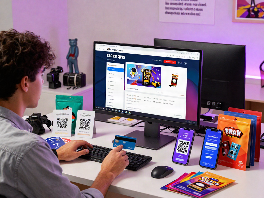 Analyzing slot deposit qris options in a digital marketplace with vibrant product displays and payment methods.