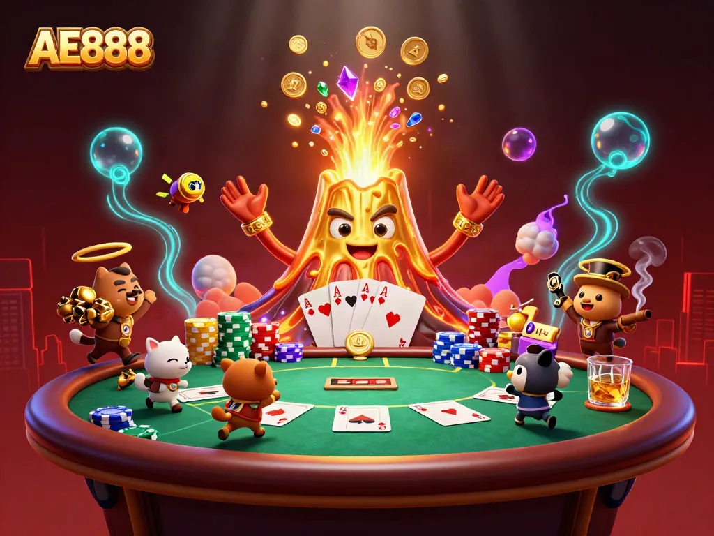 Win big at AE888 with a vibrant eruption of coins and treasure in a dynamic casino scene.