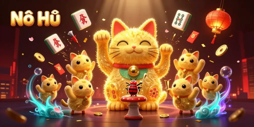 Nổ Hũ showcases an elaborate casino-themed scene with colorful elements, animated lucky cat, and festive decorations.