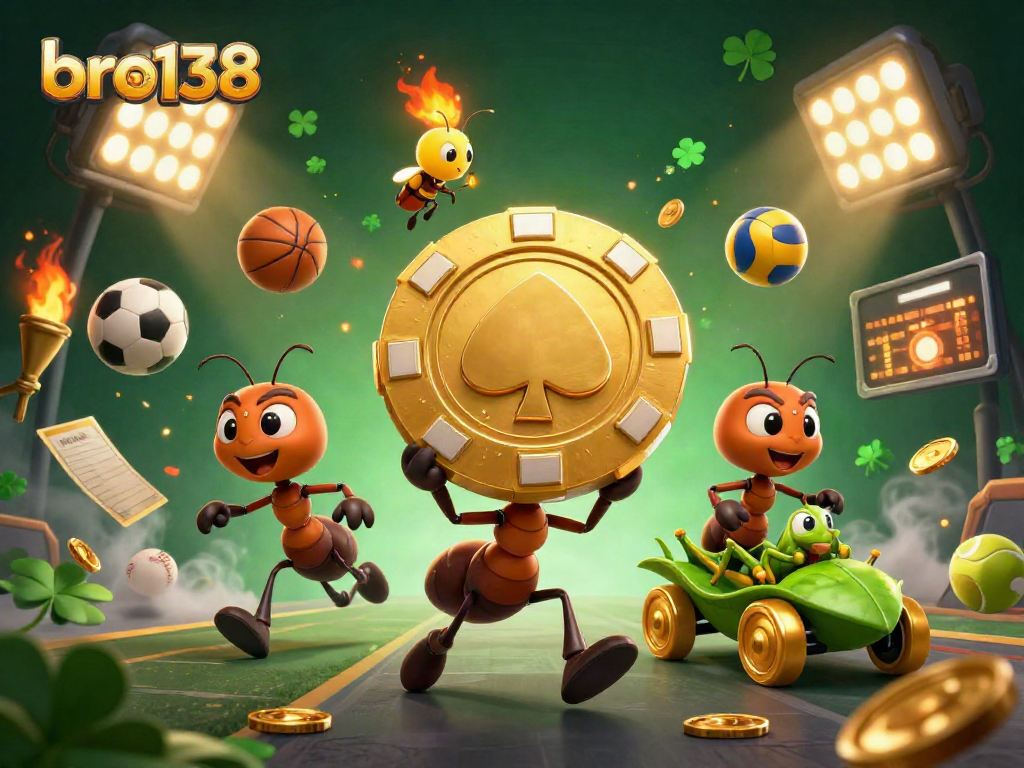 Bro138 showcases ants executing a heist for a giant poker chip amidst vibrant casino elements.