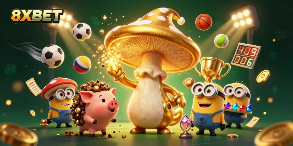 Experience thrilling moments with 8XBET, featuring a magical wizard, sports elements, and dazzling treasures.