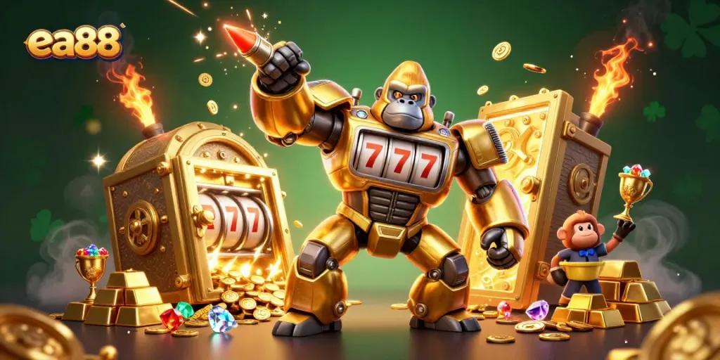 Hình ảnh mô tả cảnh 3D đặc sắc của một con khỉ máy vàng có cơ thể từ các phần của máy đánh bạc, biểu tượng cho ea88.
