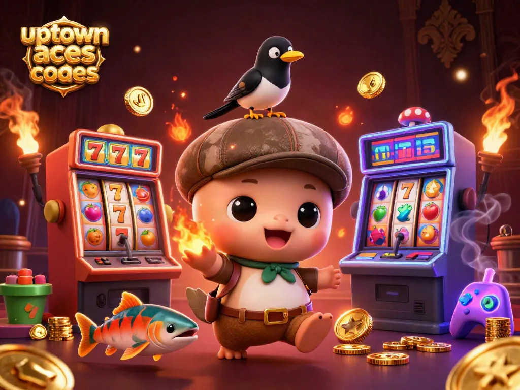 Spin to win with Uptown Aces bonus codes in a vibrant casino scene featuring a playful Nessie.