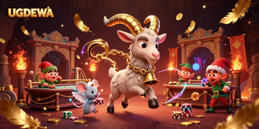 Players engage in dynamic gaming at UGDEWA's vibrant casino scene with festive characters.