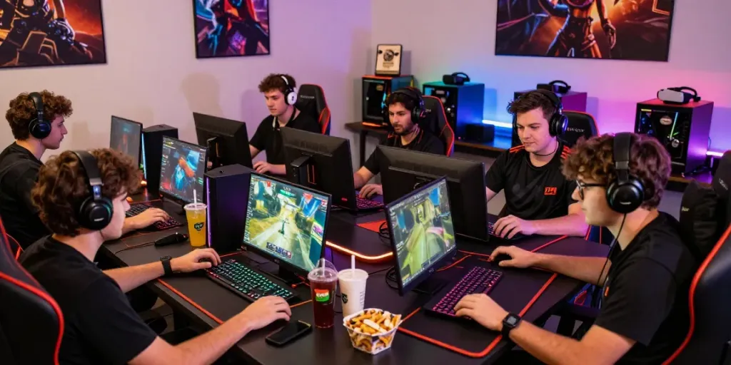 Vibrant gaming session showcasing situs singatoto with diverse gamers immersed in action.