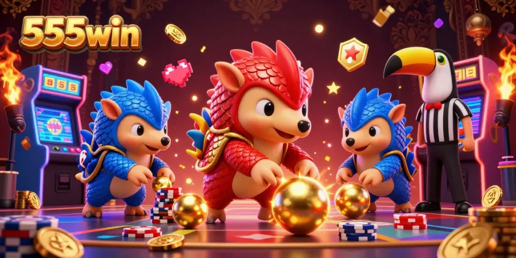 Engage with 555win by witnessing pangolins bowling through poker chips in a vibrant casino-themed arcade.
