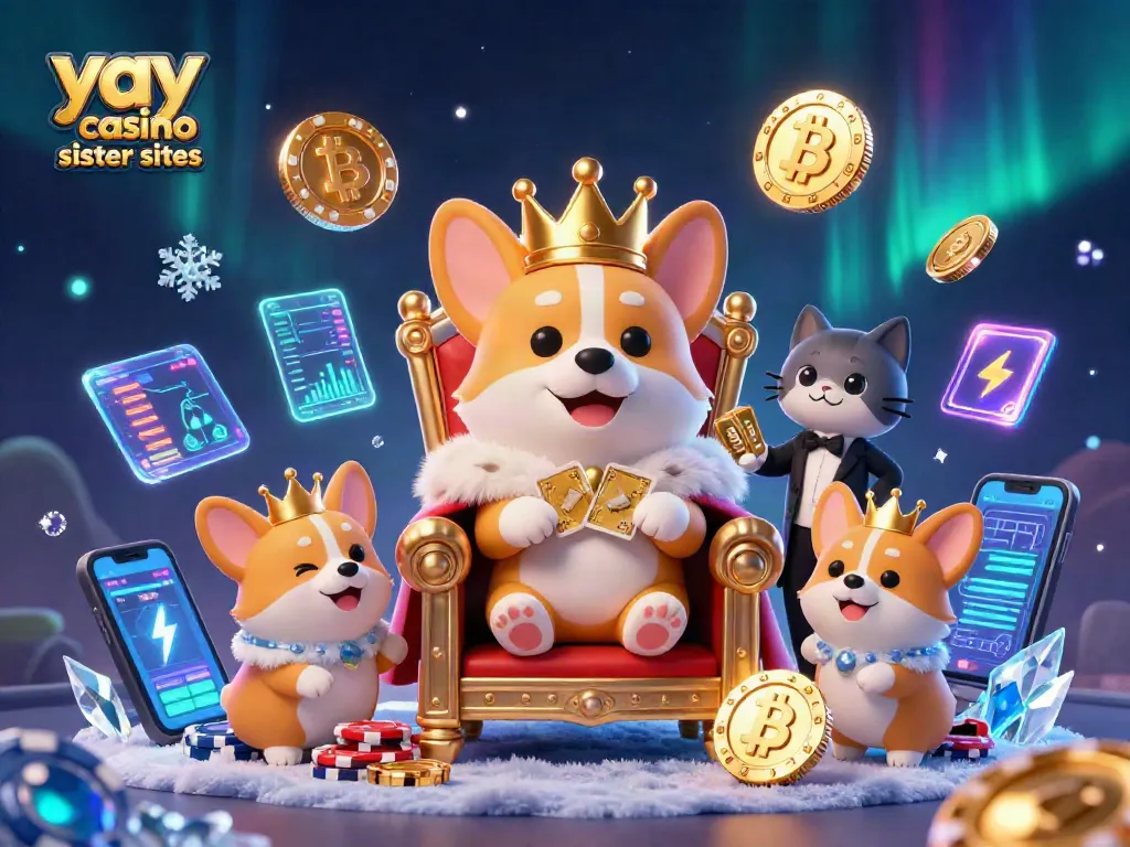 Win big with yay casino sister sites in an ultra-detailed gambling illustration featuring royal corgis and vibrant slots.