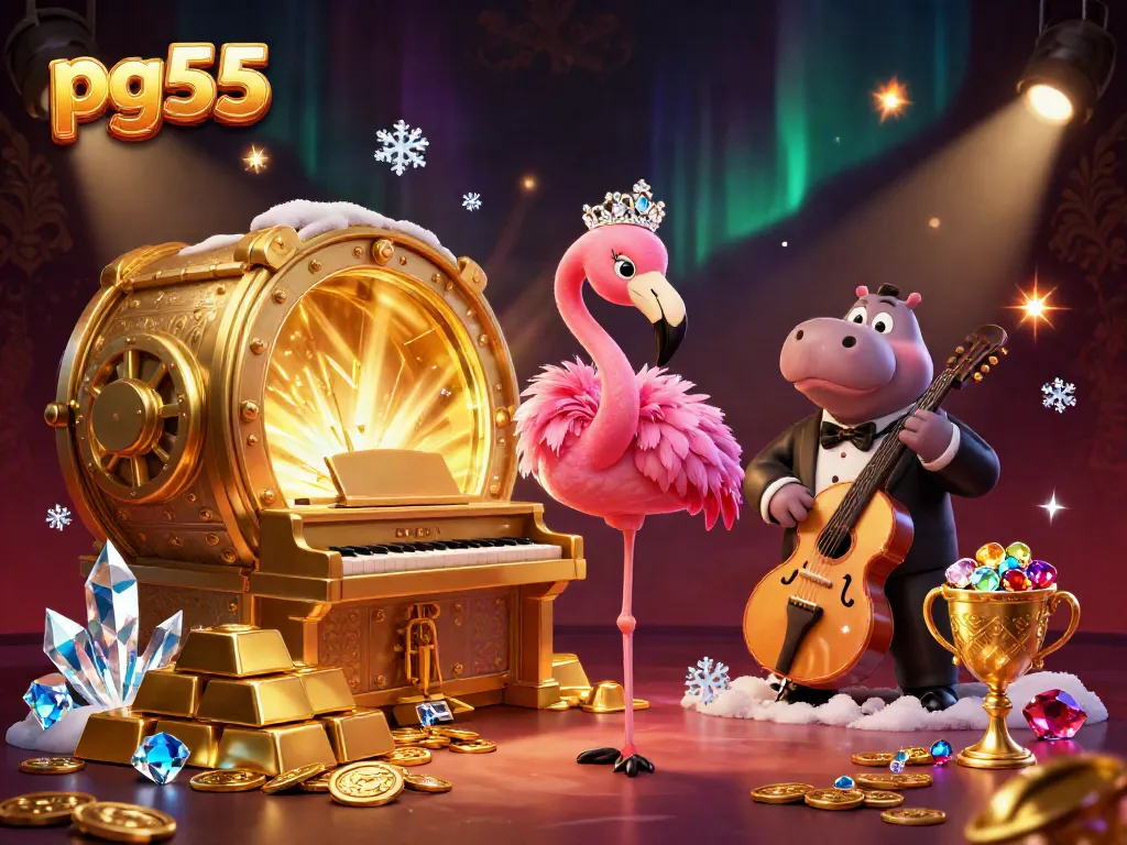 Experience thrilling wins at pg55 with a vibrant casino scene featuring animated musicians and treasures.