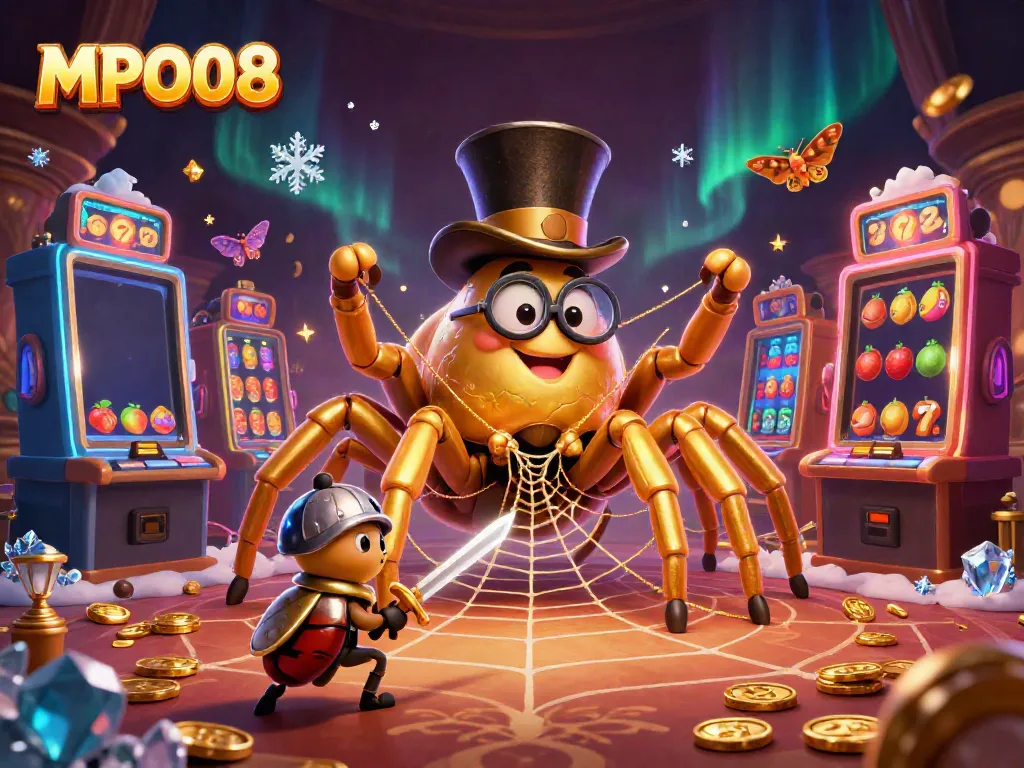 MPO08 showcases thrilling casino action with a golden tarantula and brave beetle knight amid slot machines.