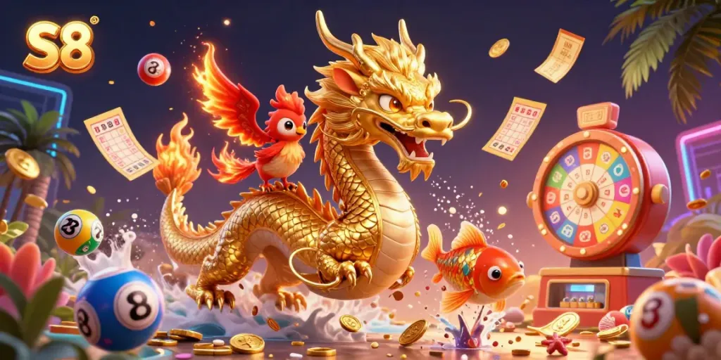 Engage with the thrilling S8 gaming experience featuring a dragon, phoenix, and koi fish amidst vibrant gambling elements.