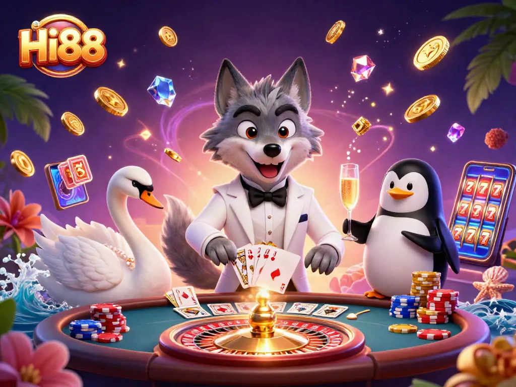 Enjoy thrilling gameplay at Hi88 casino with a debonair wolf, elegant swan, and sophisticated penguin amidst vibrant casino elements.