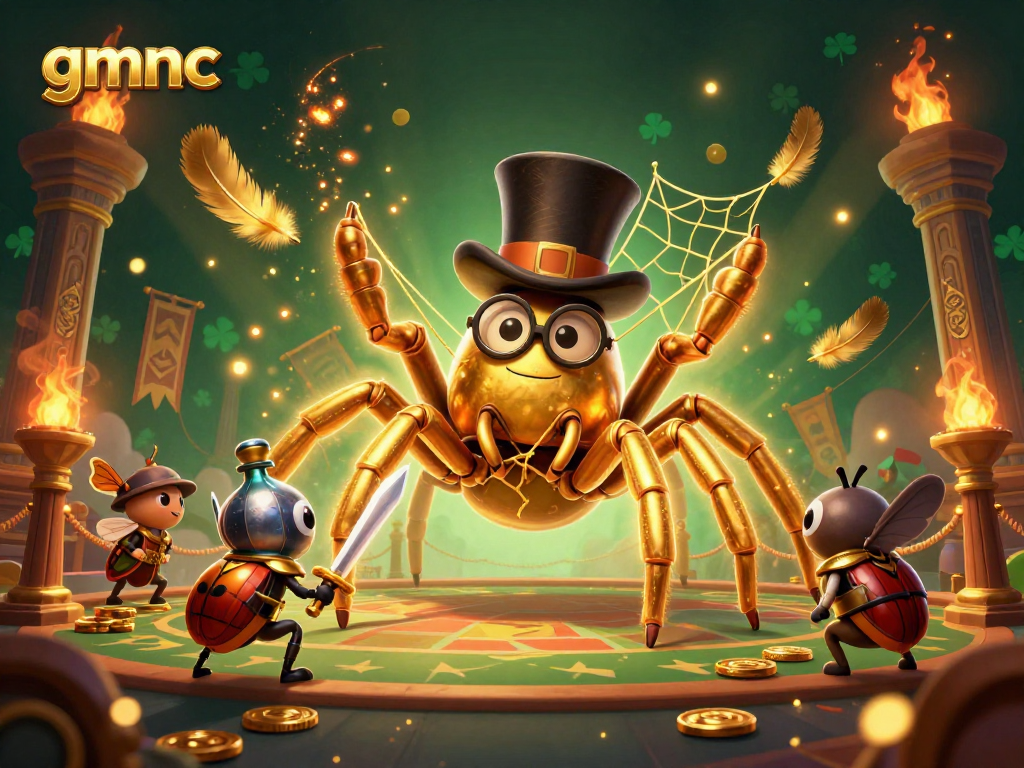 Engage with the vibrant gmnc casino world featuring golden tarantula, beetle knight, and moth spectators.