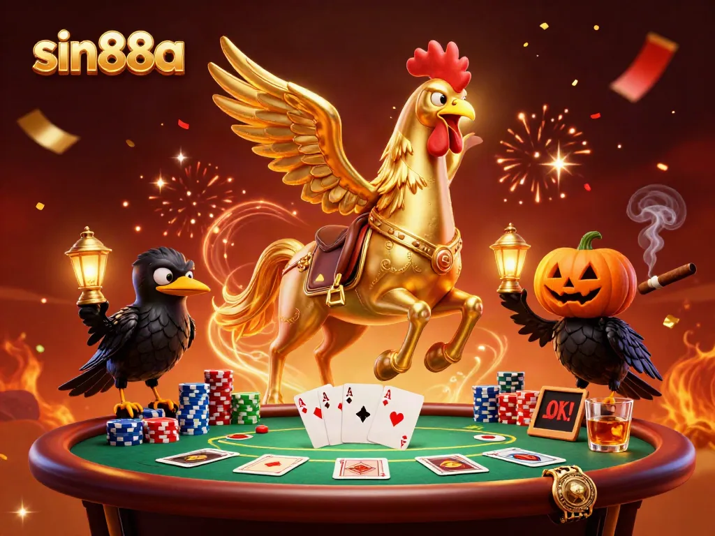 Join the excitement at sin88a as golden rooster and pumpkin-headed friends light up the casino!
