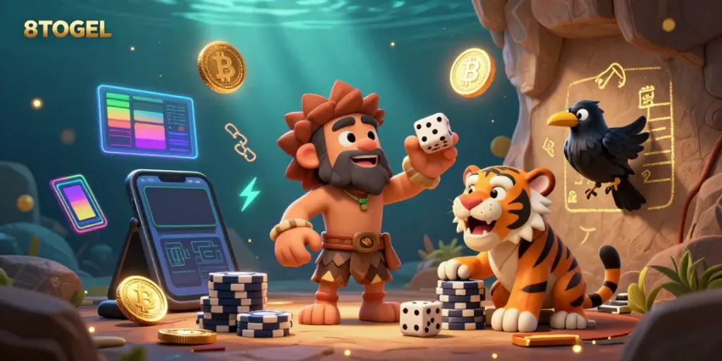 Permainan dengan 8TOGEL, menggambarkan karakter gua bersama harimau sabertooth di kasino prasejarah.