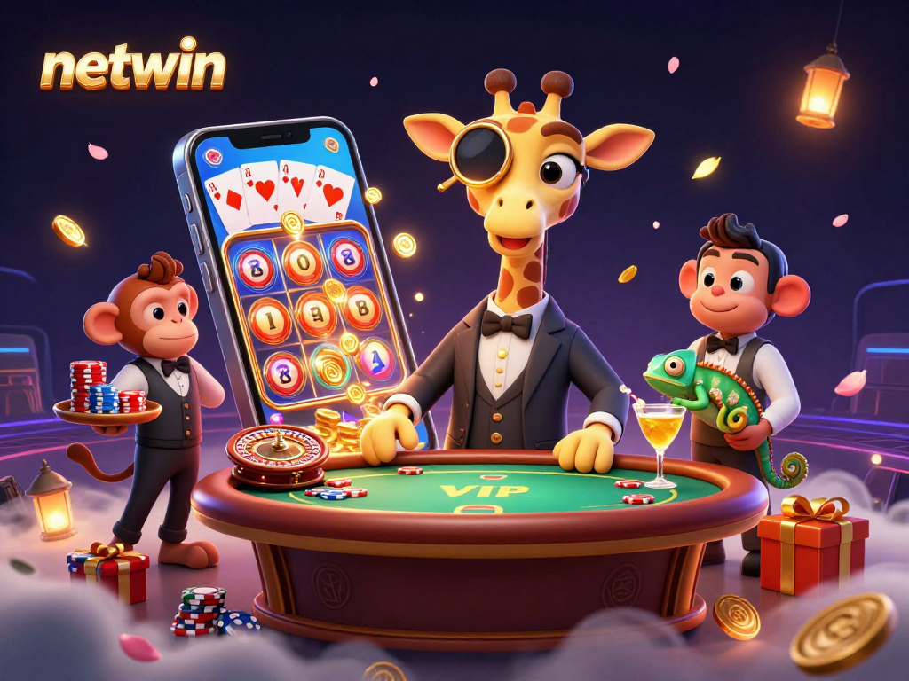 Experience the thrill of netwin with engaging characters and vibrant casino elements in this 3D illustration.