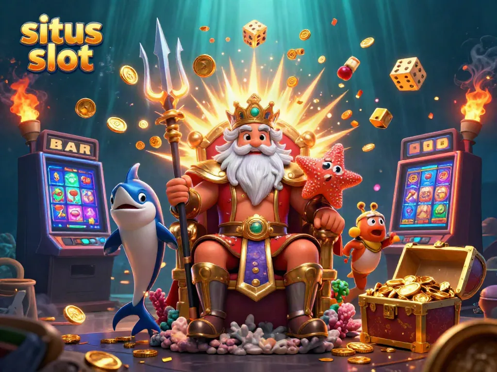 Experience the excitement of situs slot with a dynamic 3D scene featuring Neptune and a jackpot explosion.