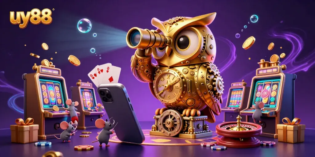 Experience the excitement of uy88 with a cartoon golden owl on a casino vault amidst vibrant gaming elements.