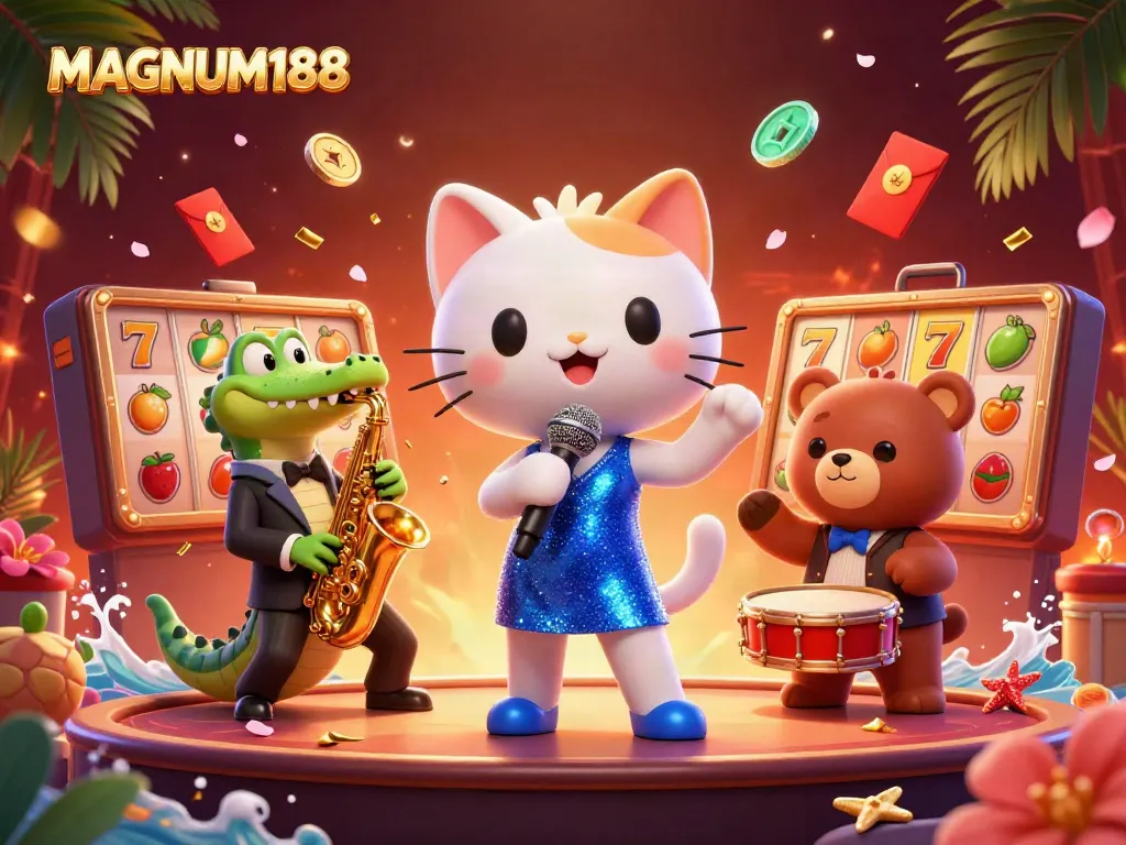 Engage with MAGNUM188's vibrant casino scene featuring animated characters, spinning slot reels, and festive decorations.