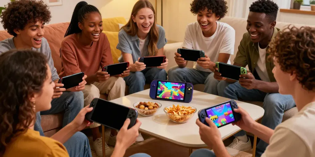 Friends enjoying the Yono Arcade mobile gaming app in a cozy living room.