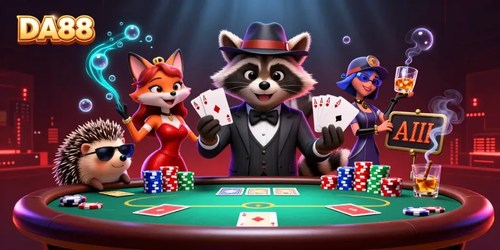 Experience the excitement of DA88 with a playful raccoon and friends at the poker table.