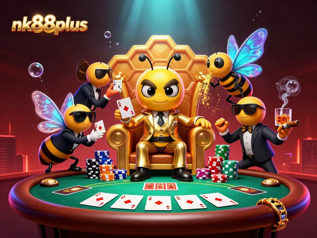 nk88plus showcases an exciting casino scene with a cartoon bumblebee mob boss and surrounded by poker elements.
