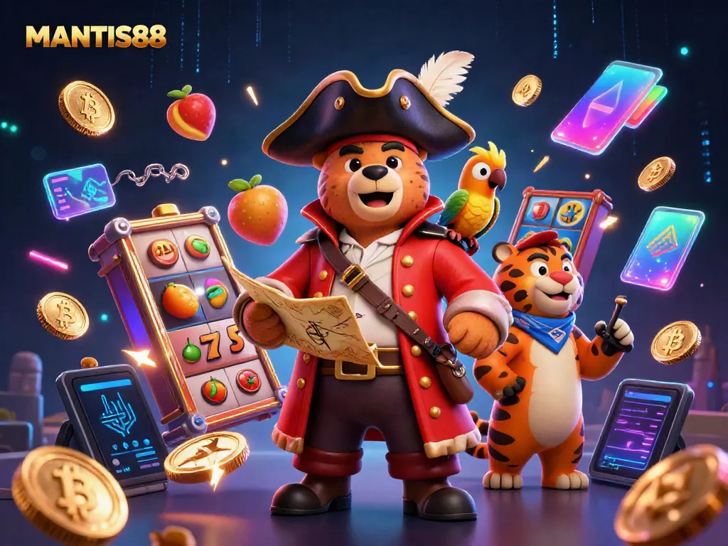 MANTIS88 presents an exciting pirate-themed online slots scene with vibrant characters and cryptocurrencies.
