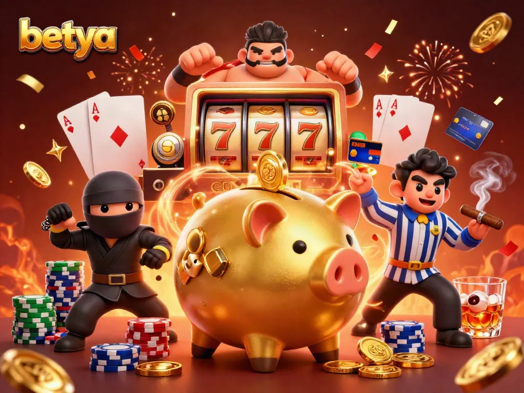 Experience thrilling gameplay at betya with a sumo wrestler and ninja characters amid a vibrant casino scene.