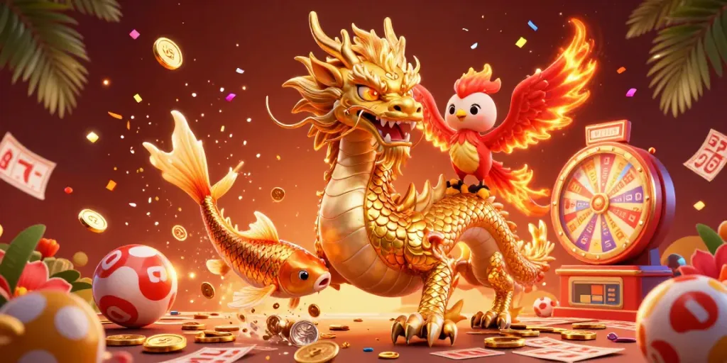 Engage with laskartogel in this immersive, vibrant lottery-themed illustration highlighting dragons and colorful game elements.