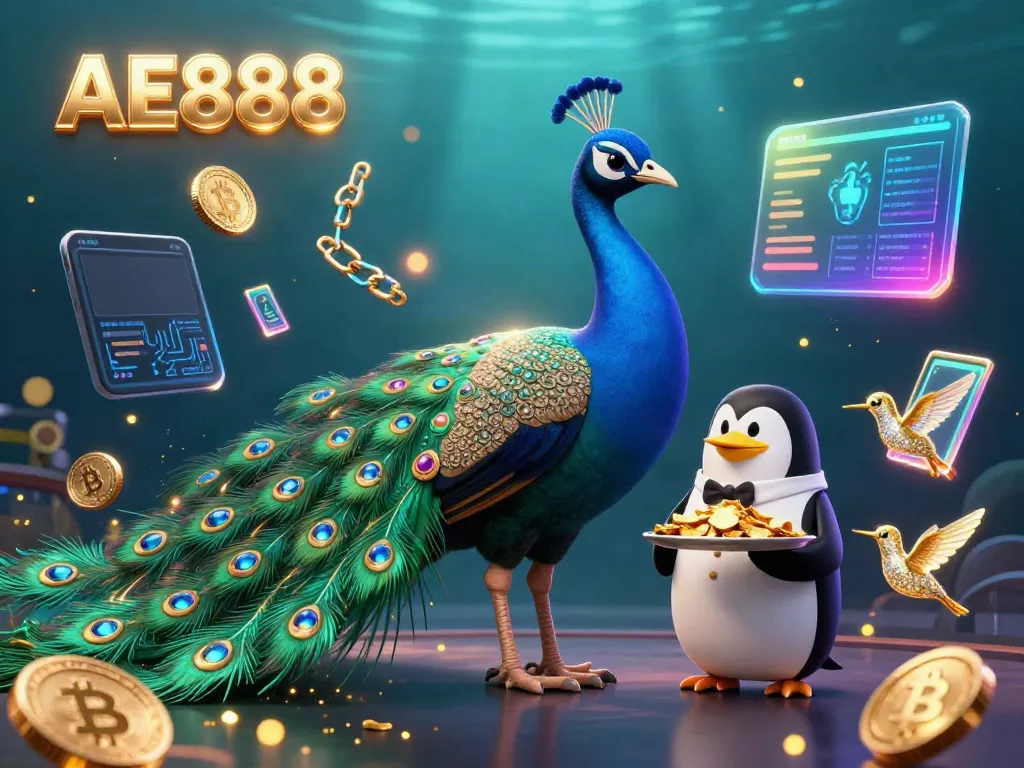 Engage with the thrilling AE888 casino world through a captivating 3D illustration showcasing a peacock, penguin, and hummingbird amidst dynamic crypto elements.