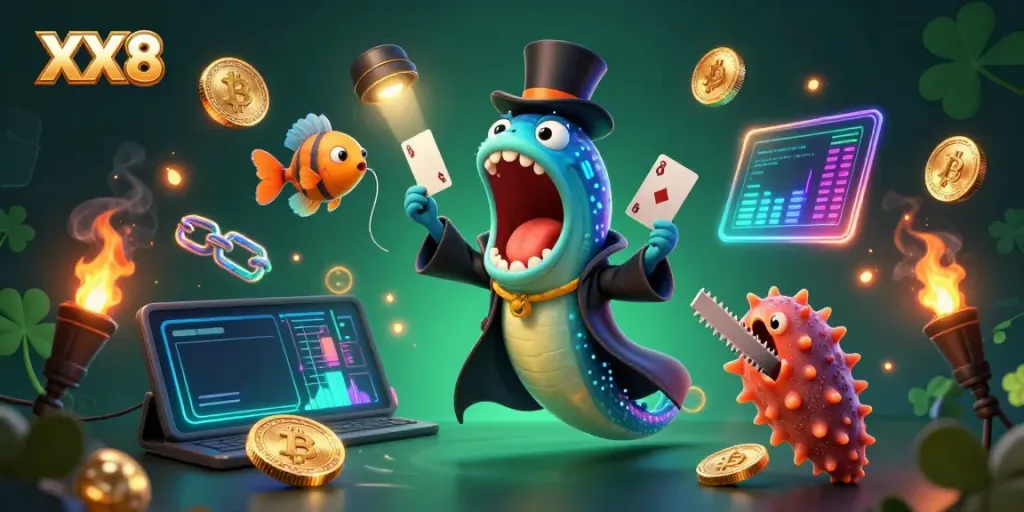 Experience the thrill of winning with XX8's captivating casino illustration featuring magical sea creatures.
