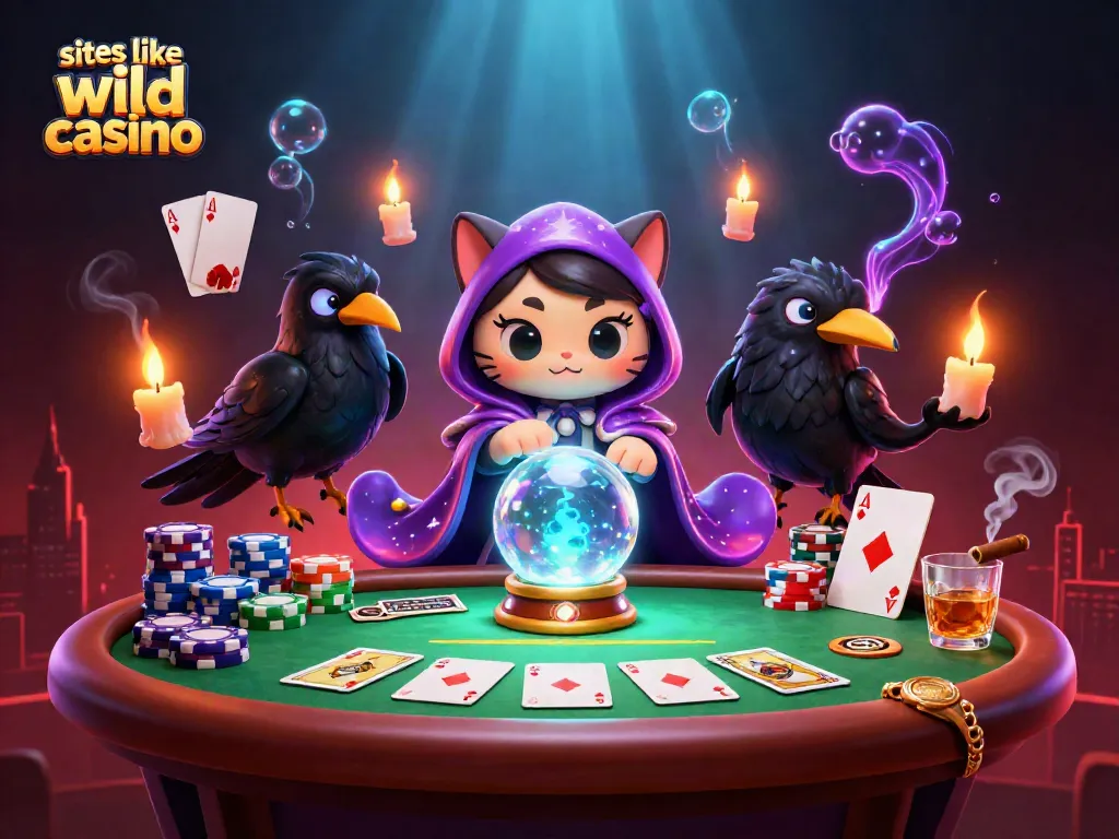 Engage with sites like Wild Casino in this vibrant 3D casino scene featuring poker elements.