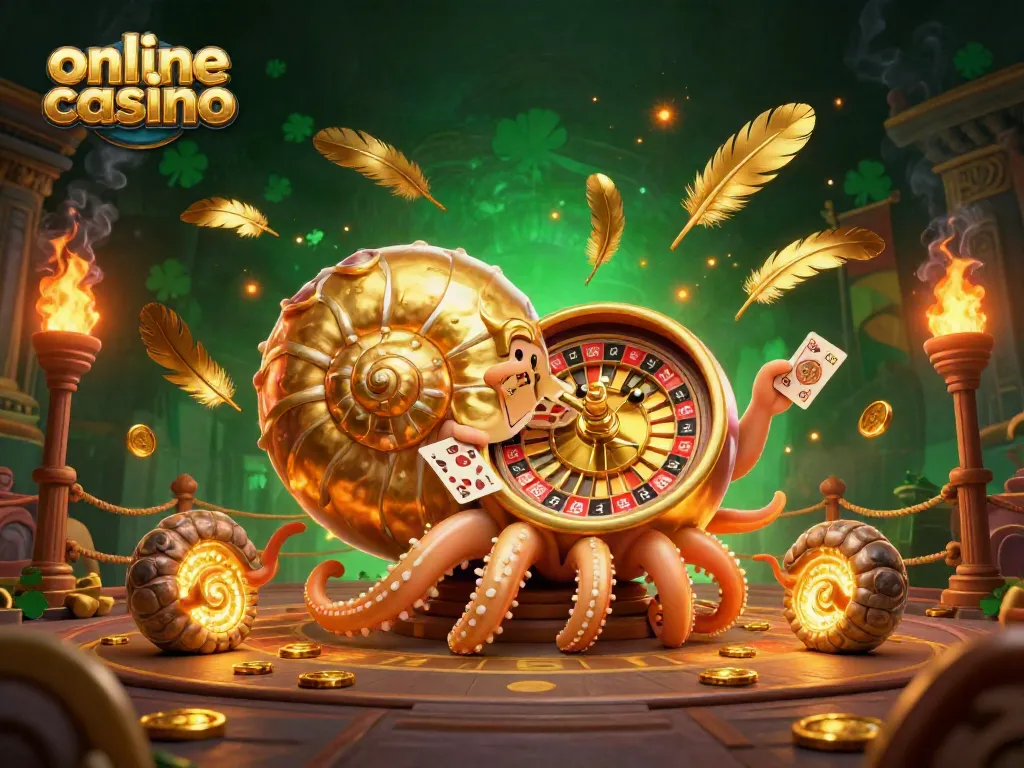Engage with our vibrant online casino scene featuring a golden nautilus roulette wheel.