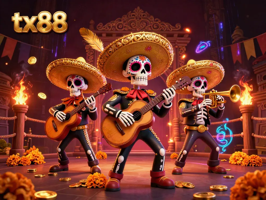 Witness the vivid tx88 mariachi scene with lively characters, gold coins, and dramatic effects.