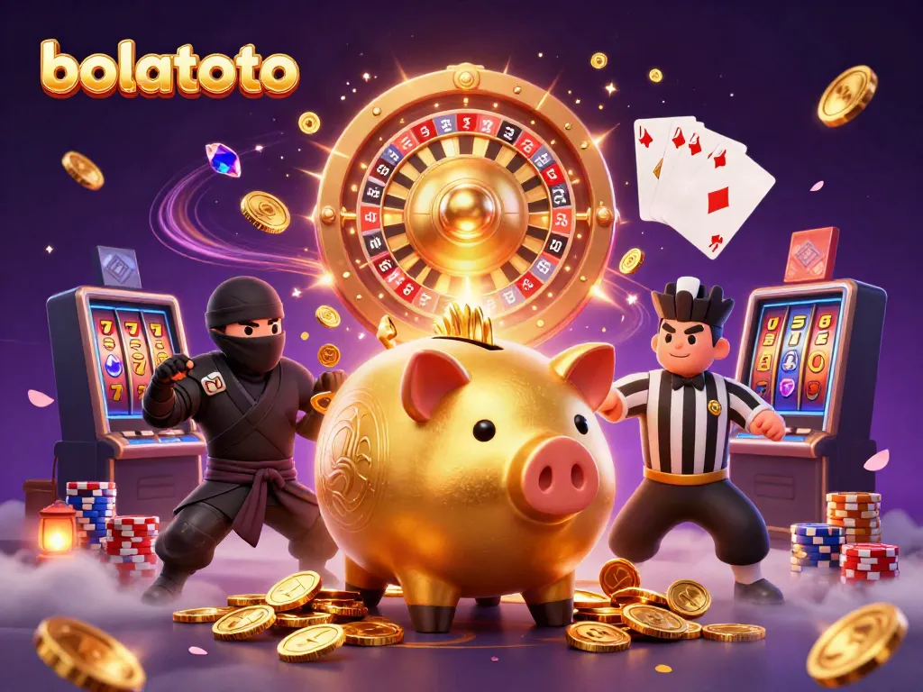 Watch the bolatoto sumo wrestler piggy bank create a cascade of golden coins in this dynamic casino scene.