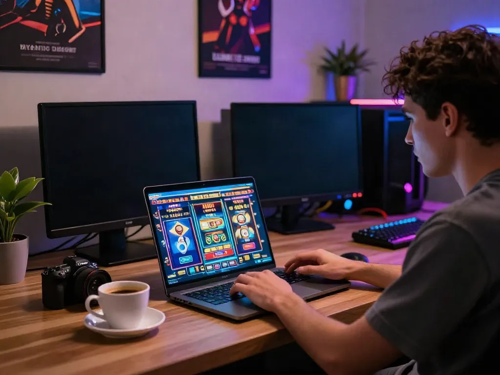 Player immersed in the exciting world of luxury12 slots, enjoying a cozy gaming setup.