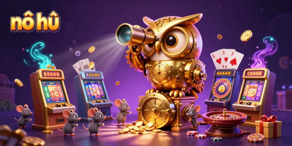 nổ hũ showcases a captivating scene with a golden owl scanning a vibrant casino floor filled with slot machines.