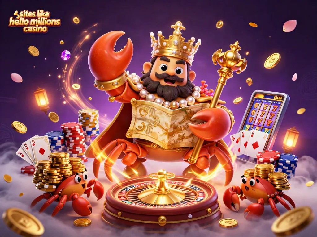 Play on sites like hello millions casino with vibrant 3D illustration showcasing a golden crab emperor.