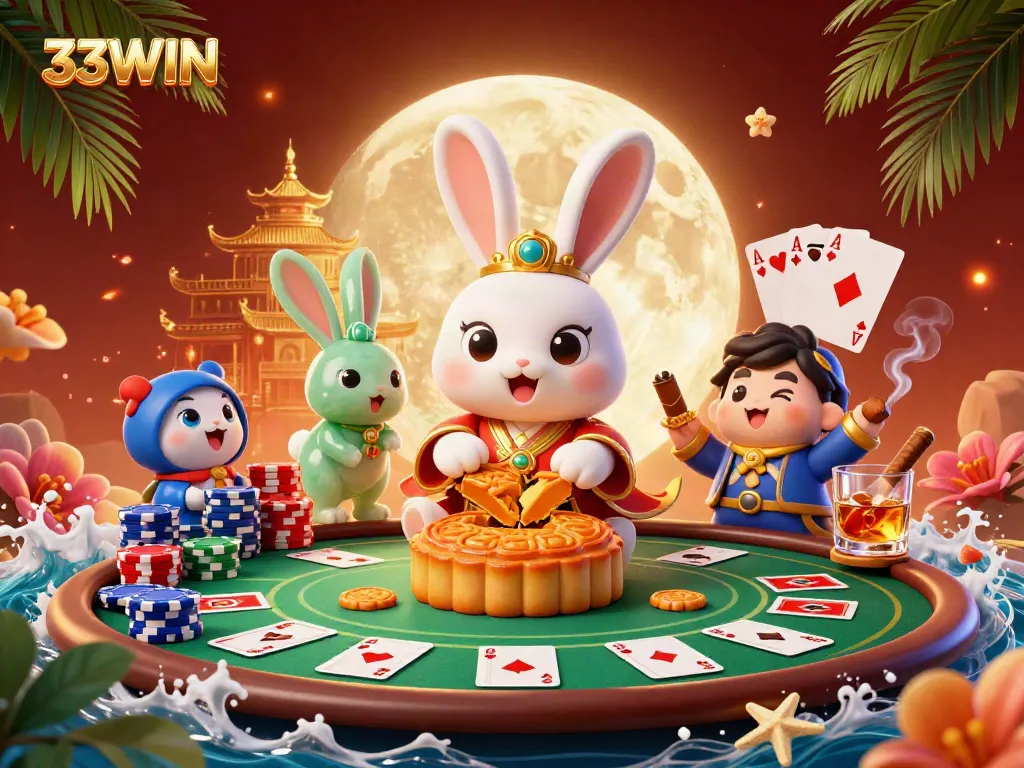 33WIN themed illustration depicting a moon rabbit cracking open golden mooncakes with poker chips, surrounded by dynamic casino elements.