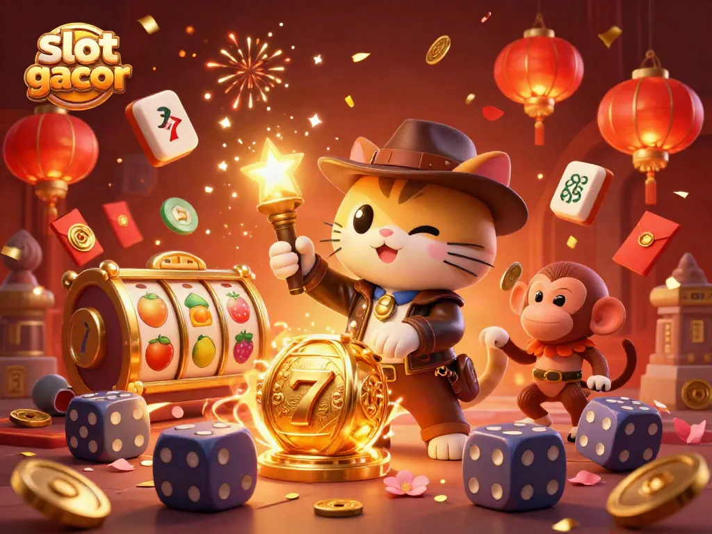 Engage in slot gacor excitement with a vibrant illustration featuring a cat explorer and monkey companion amidst casino artifacts.