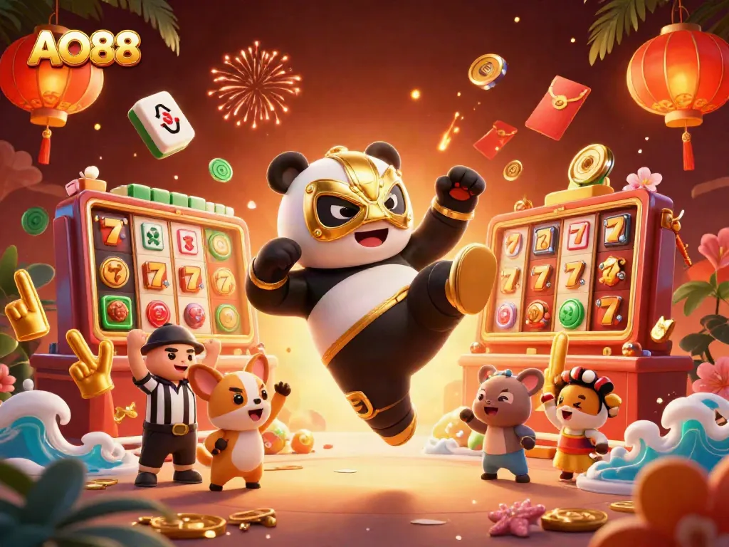 Experience the electrifying AO88 casino scene with a wrestling panda and wild animal spectators.