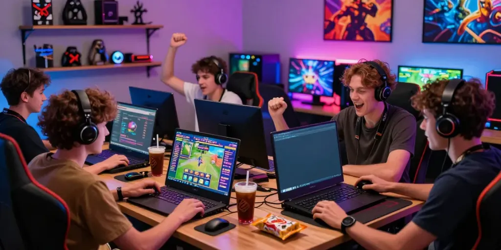 Exciting gaming scene with players at home enjoying akunjp online slots, celebrating wins in a colorful atmosphere.