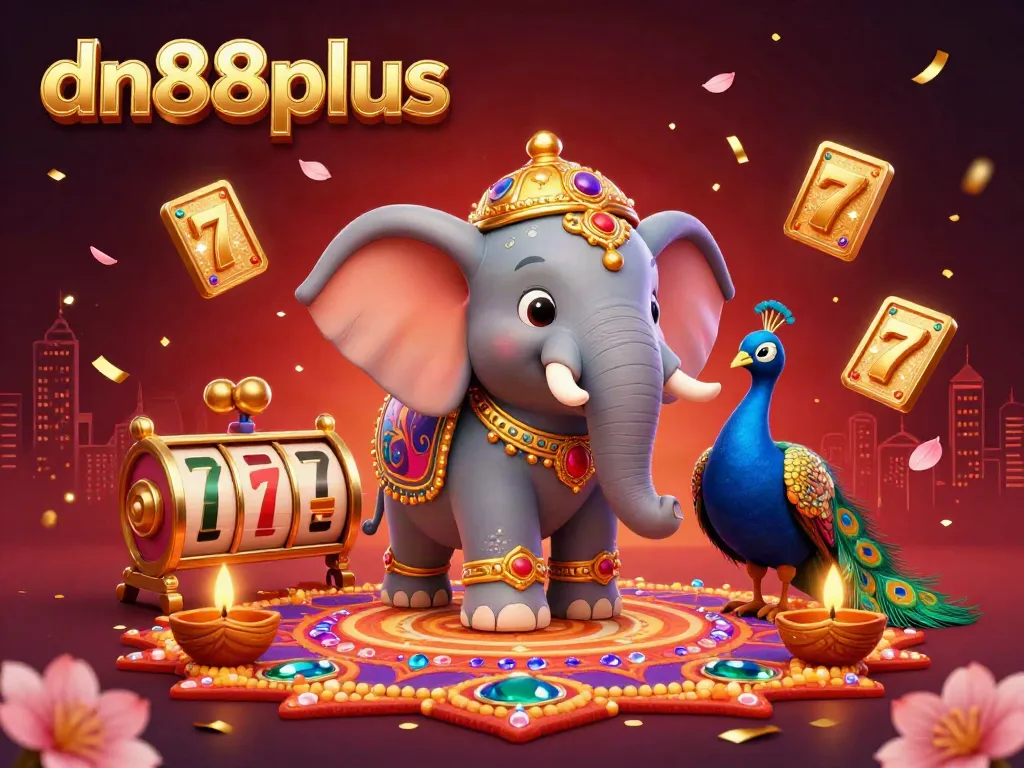 Engage with the vibrant dn88plus online casino experience depicting an ornate elephant and peacock amidst dynamic gaming elements.