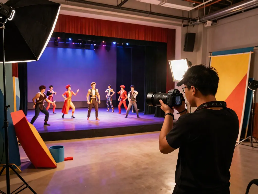 Fotografi nusa88 di studio profesional dengan panggung teater berwarna-warni.